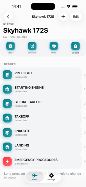 Skyhawk 172S detail screen showing checklist groups: Preflight, Starting Engine, Before Takeoff, Takeoff, Enroute, Landing, Emergency Procedures