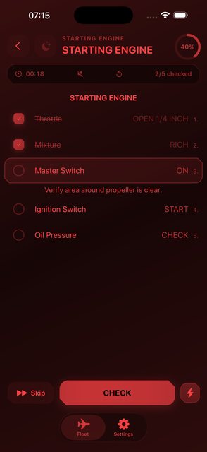 CockpitCheck running Fly Mode with the Cockpit Night red-on-black theme active